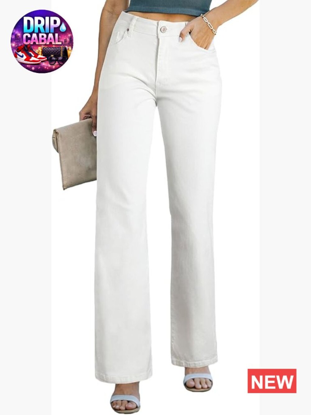 High Waisted Wide Leg Jeans with Pockets Cotton Viscose Elastane Stretch